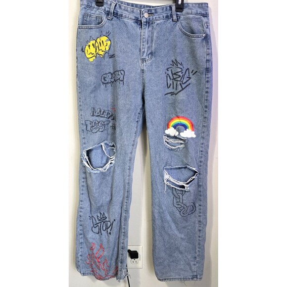 ROMWE Denim - Romwe XL Graffiti Jeans Distressed Rainbow Cloud Streetwear Festival Y2K Style